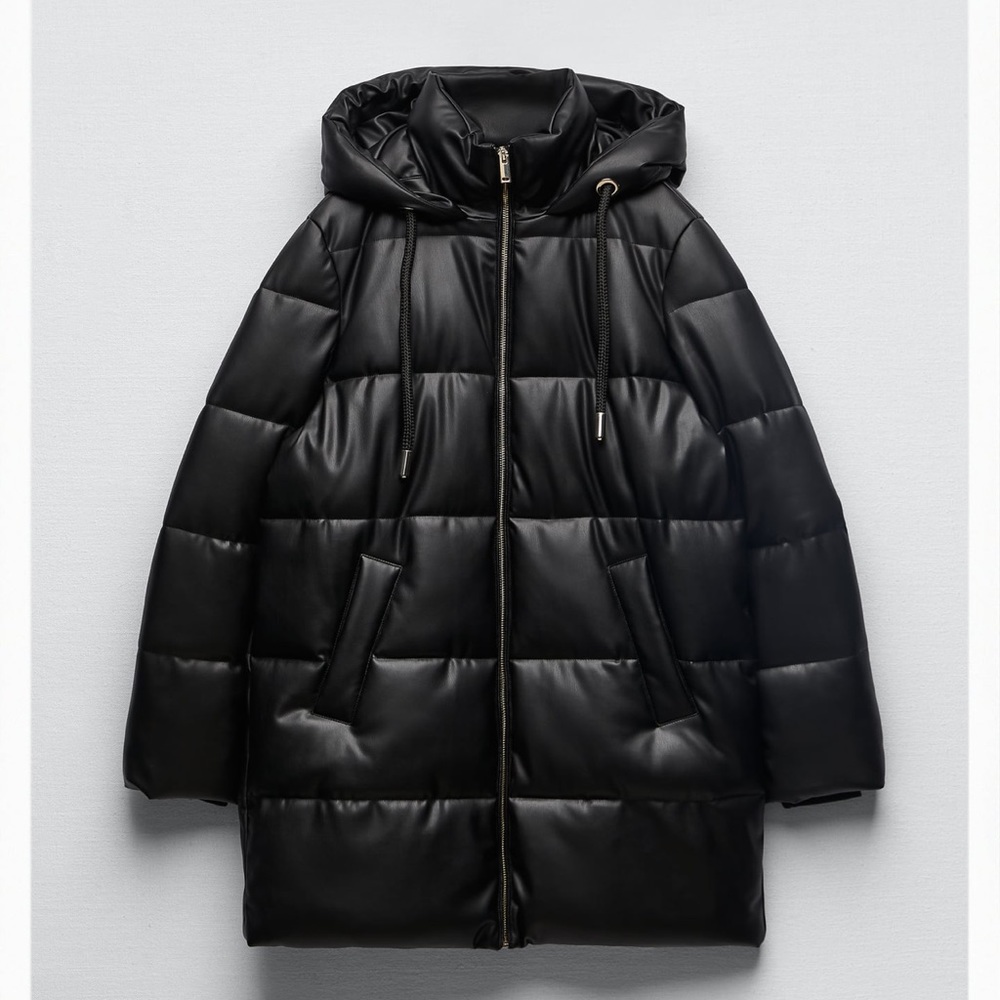 Zara Wind Protection Faux Leather Puffer Coat